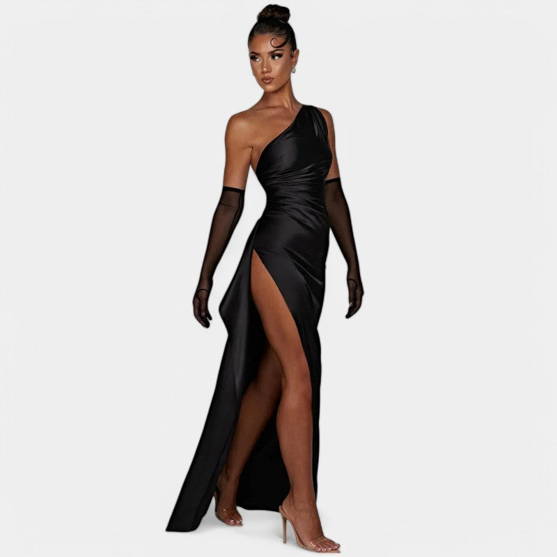 One-Shoulder Satin Maxi Dress – Pleated Split Evening Gown | Meave & Ivy
