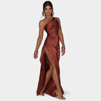 One-Shoulder Satin Maxi Dress – Pleated Split Evening Gown | Meave & Ivy