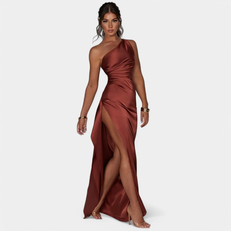 One-Shoulder Satin Maxi Dress – Pleated Split Evening Gown | Meave & Ivy