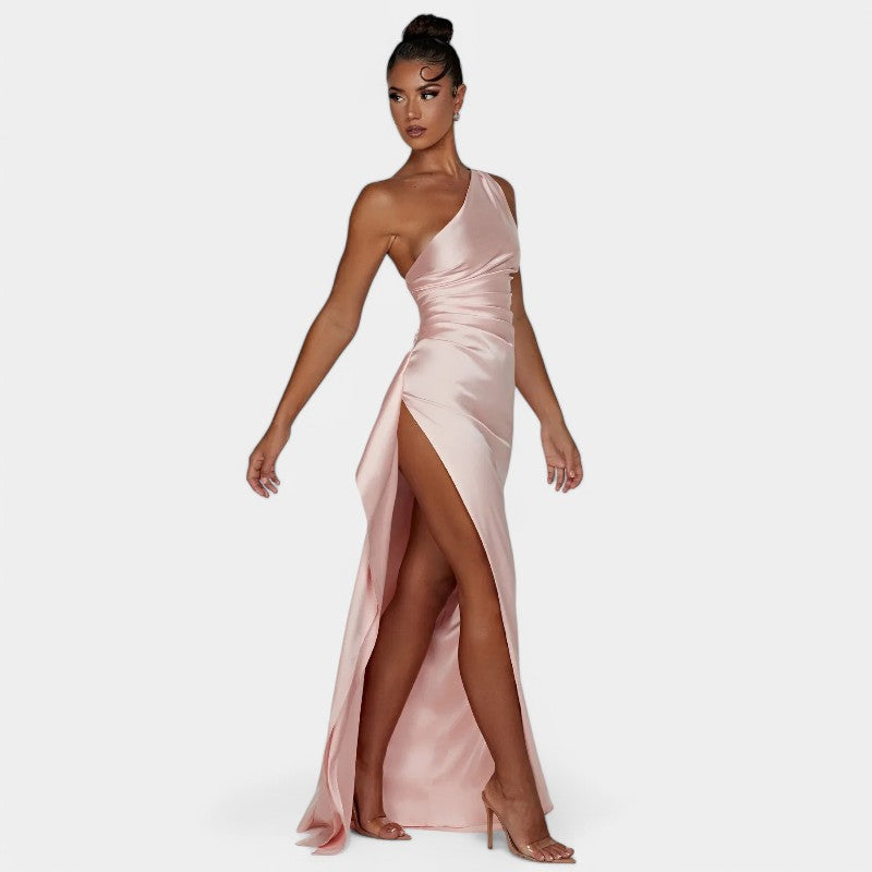 One-Shoulder Satin Maxi Dress – Pleated Split Evening Gown | Meave & Ivy