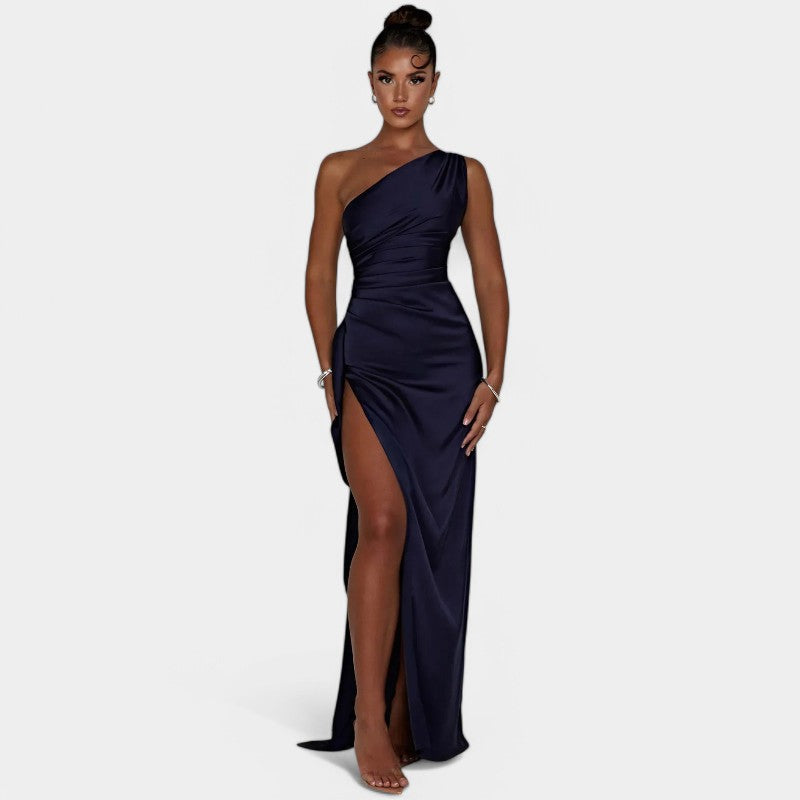 One-Shoulder Satin Maxi Dress – Pleated Split Evening Gown | Meave & Ivy