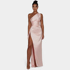 One-Shoulder Satin Maxi Dress – Pleated Split Evening Gown | Meave & Ivy
