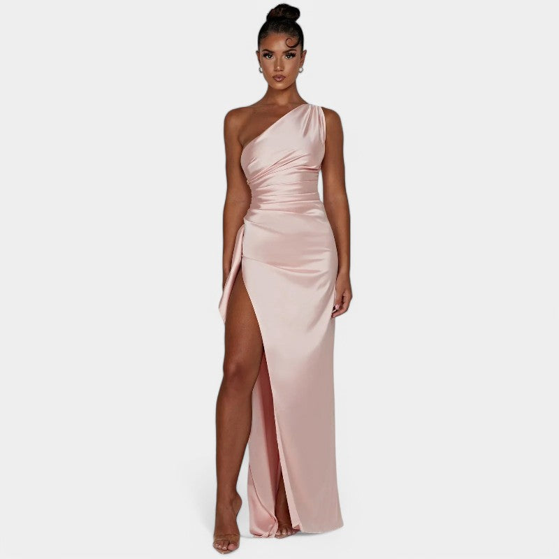 One-Shoulder Satin Maxi Dress – Pleated Split Evening Gown | Meave & Ivy