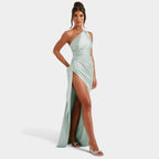 One-Shoulder Satin Maxi Dress – Pleated Split Evening Gown | Meave & Ivy