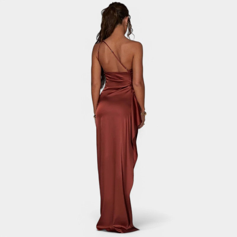 One-Shoulder Satin Maxi Dress – Pleated Split Evening Gown | Meave & Ivy