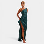 One-Shoulder Satin Maxi Dress – Pleated Split Evening Gown | Meave & Ivy