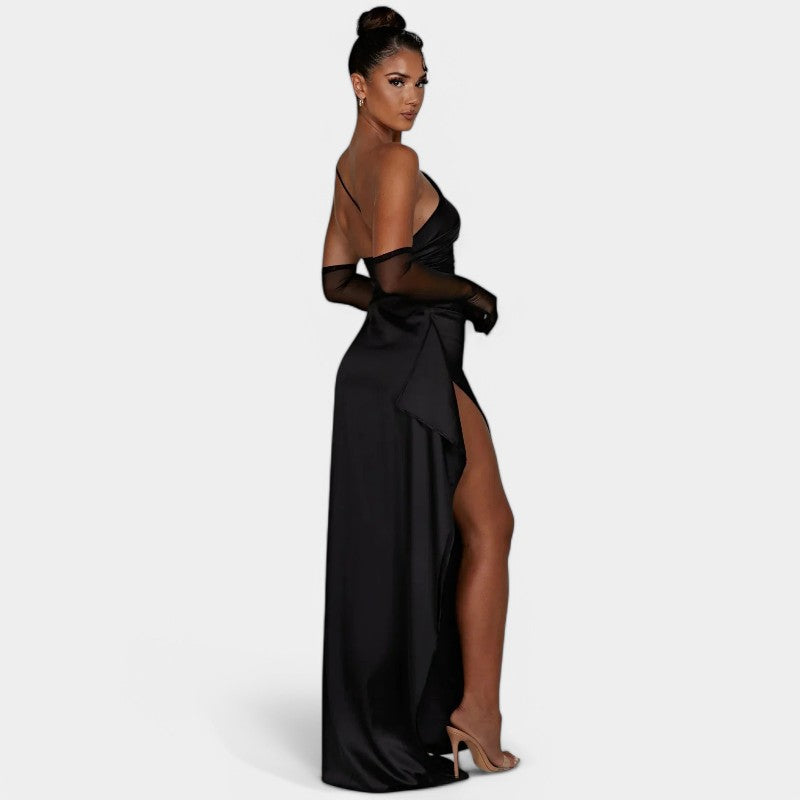One-Shoulder Satin Maxi Dress – Pleated Split Evening Gown | Meave & Ivy