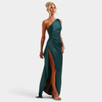 One-Shoulder Satin Maxi Dress – Pleated Split Evening Gown | Meave & Ivy