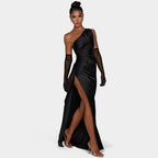 One-Shoulder Satin Maxi Dress – Pleated Split Evening Gown | Meave & Ivy
