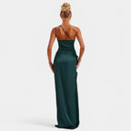 One-Shoulder Satin Maxi Dress – Pleated Split Evening Gown | Meave & Ivy