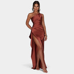 One-Shoulder Satin Maxi Dress – Pleated Split Evening Gown | Meave & Ivy