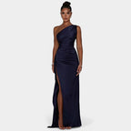 One-Shoulder Satin Maxi Dress – Pleated Split Evening Gown | Meave & Ivy