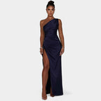 One-Shoulder Satin Maxi Dress – Pleated Split Evening Gown | Meave & Ivy