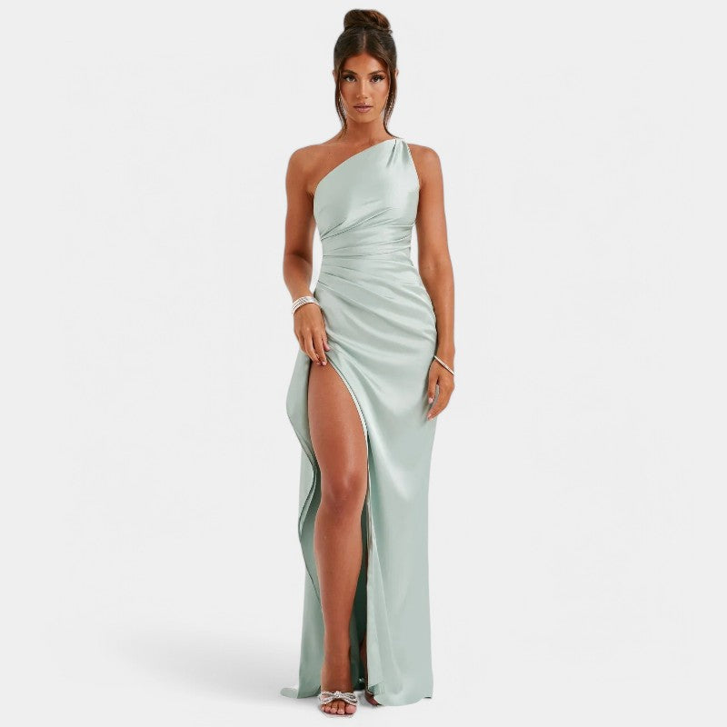 One-Shoulder Satin Maxi Dress – Pleated Split Evening Gown | Meave & Ivy
