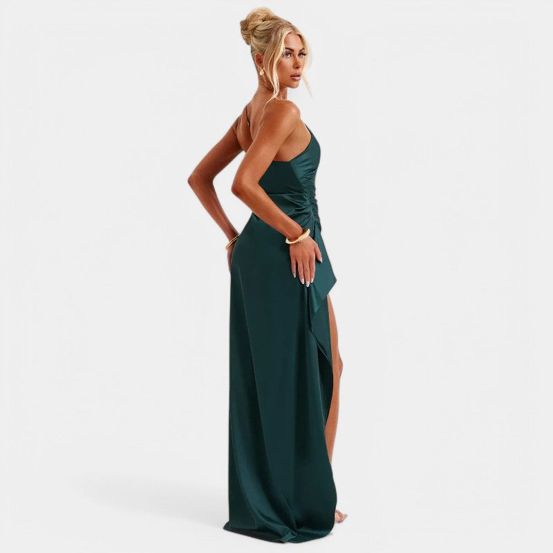 One-Shoulder Satin Maxi Dress – Pleated Split Evening Gown | Meave & Ivy