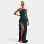 One-Shoulder Satin Maxi Dress – Pleated Split Evening Gown | Meave & Ivy