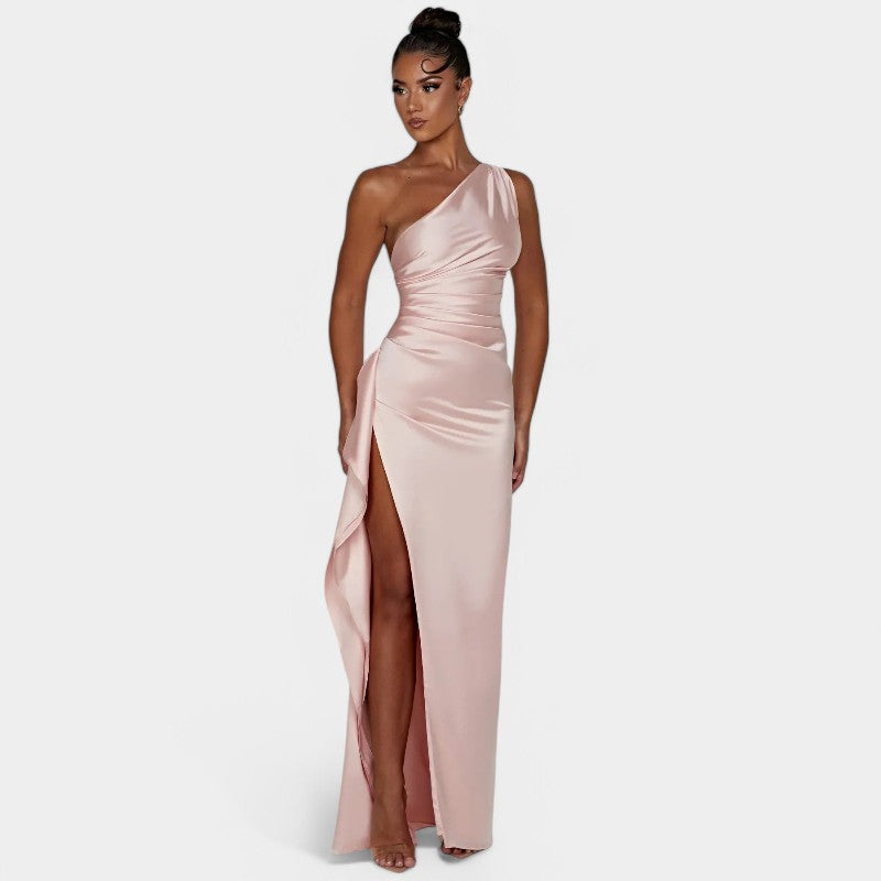 One-Shoulder Satin Maxi Dress – Pleated Split Evening Gown | Meave & Ivy