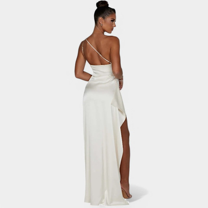 One-Shoulder Satin Maxi Dress – Pleated Split Evening Gown | Meave & Ivy