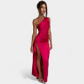 One-Shoulder Satin Maxi Dress – Pleated Split Evening Gown | Meave & Ivy