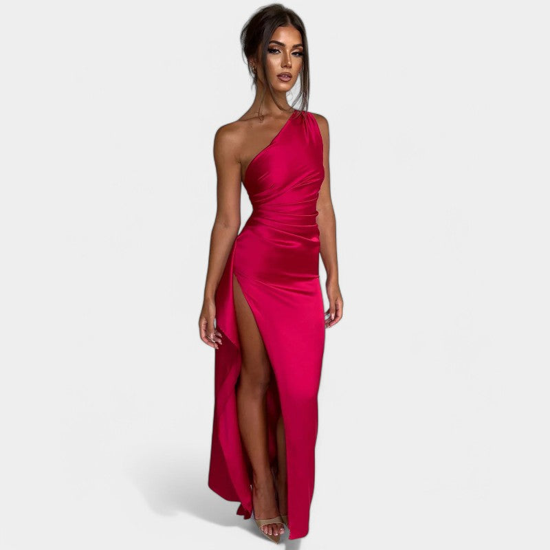 One-Shoulder Satin Maxi Dress – Pleated Split Evening Gown | Meave & Ivy