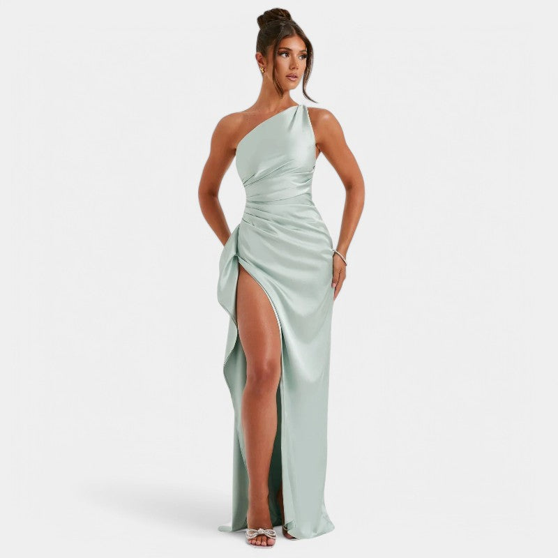One-Shoulder Satin Maxi Dress – Pleated Split Evening Gown | Meave & Ivy