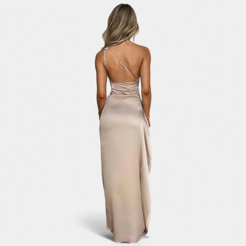 One-Shoulder Satin Maxi Dress – Pleated Split Evening Gown | Meave & Ivy