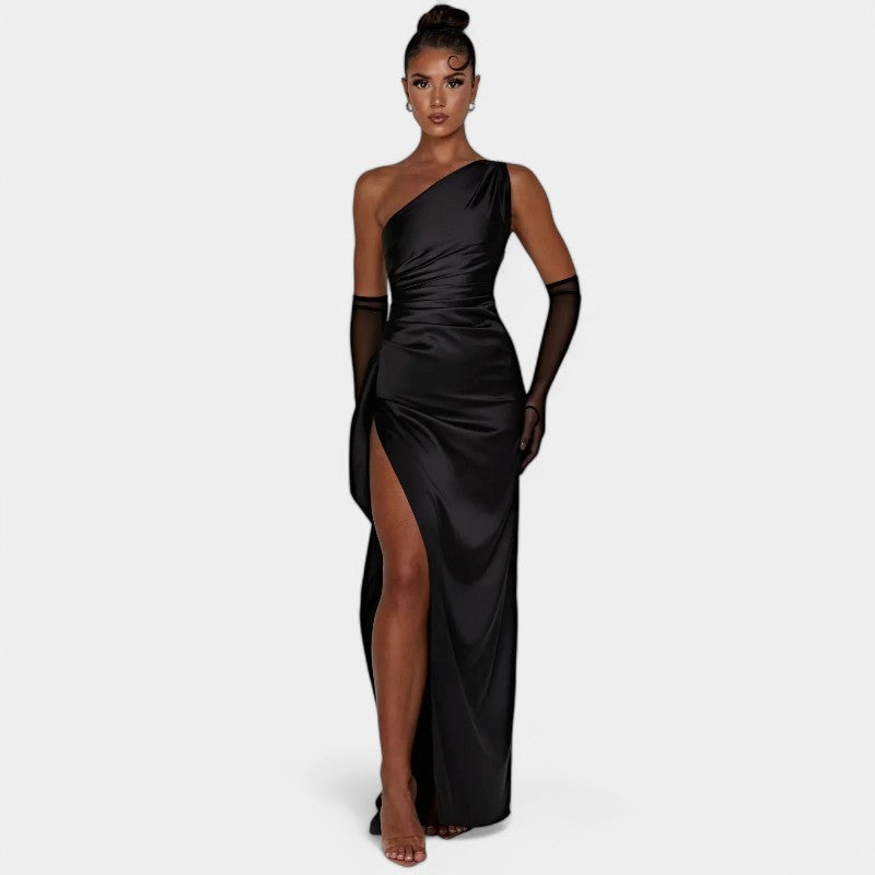 One-Shoulder Satin Maxi Dress – Pleated Split Evening Gown | Meave & Ivy