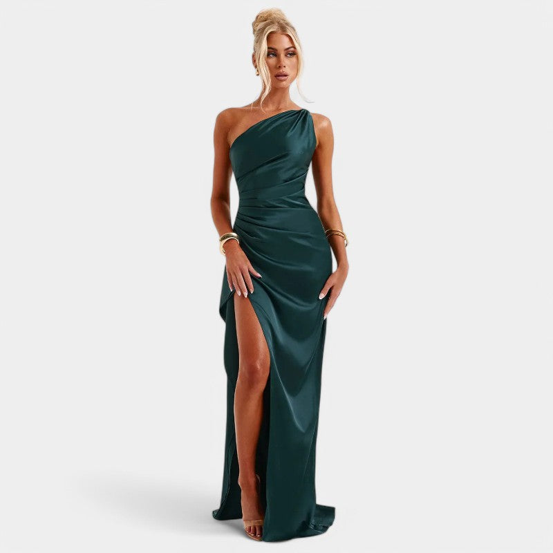 One-Shoulder Satin Maxi Dress – Pleated Split Evening Gown | Meave & Ivy