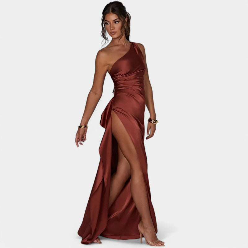 One-Shoulder Satin Maxi Dress – Pleated Split Evening Gown | Meave & Ivy