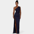 One-Shoulder Satin Maxi Dress – Pleated Split Evening Gown | Meave & Ivy