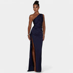 One-Shoulder Satin Maxi Dress – Pleated Split Evening Gown | Meave & Ivy