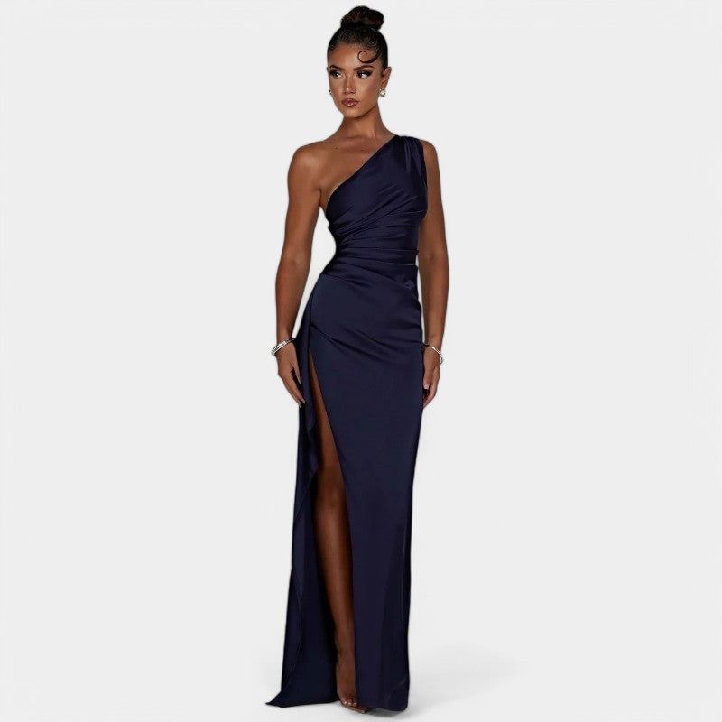 One-Shoulder Satin Maxi Dress – Pleated Split Evening Gown | Meave & Ivy
