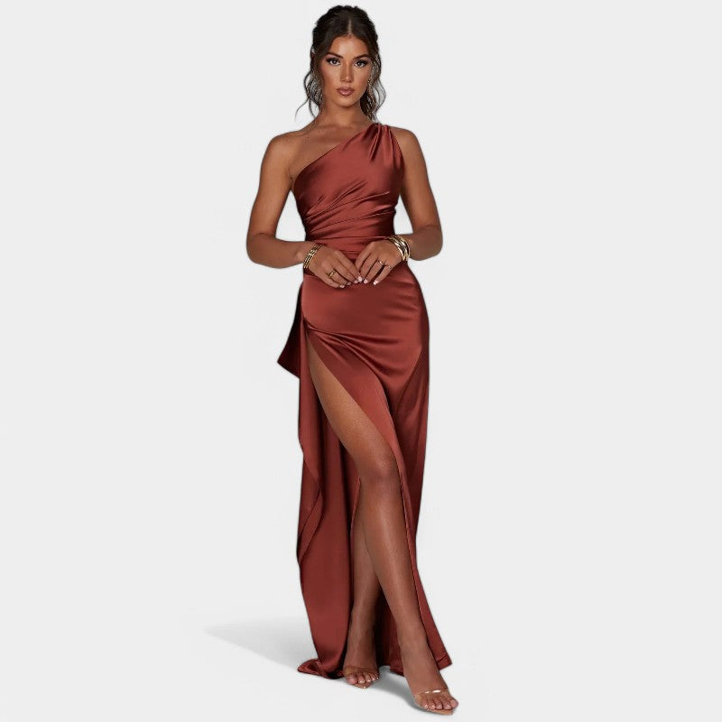 One-Shoulder Satin Maxi Dress – Pleated Split Evening Gown | Meave & Ivy