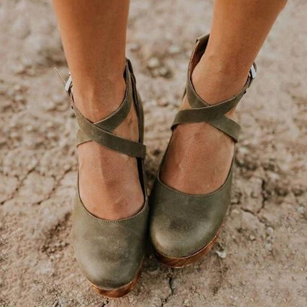 Closed-Toe Wooden Wedge Heels with Ankle Strap