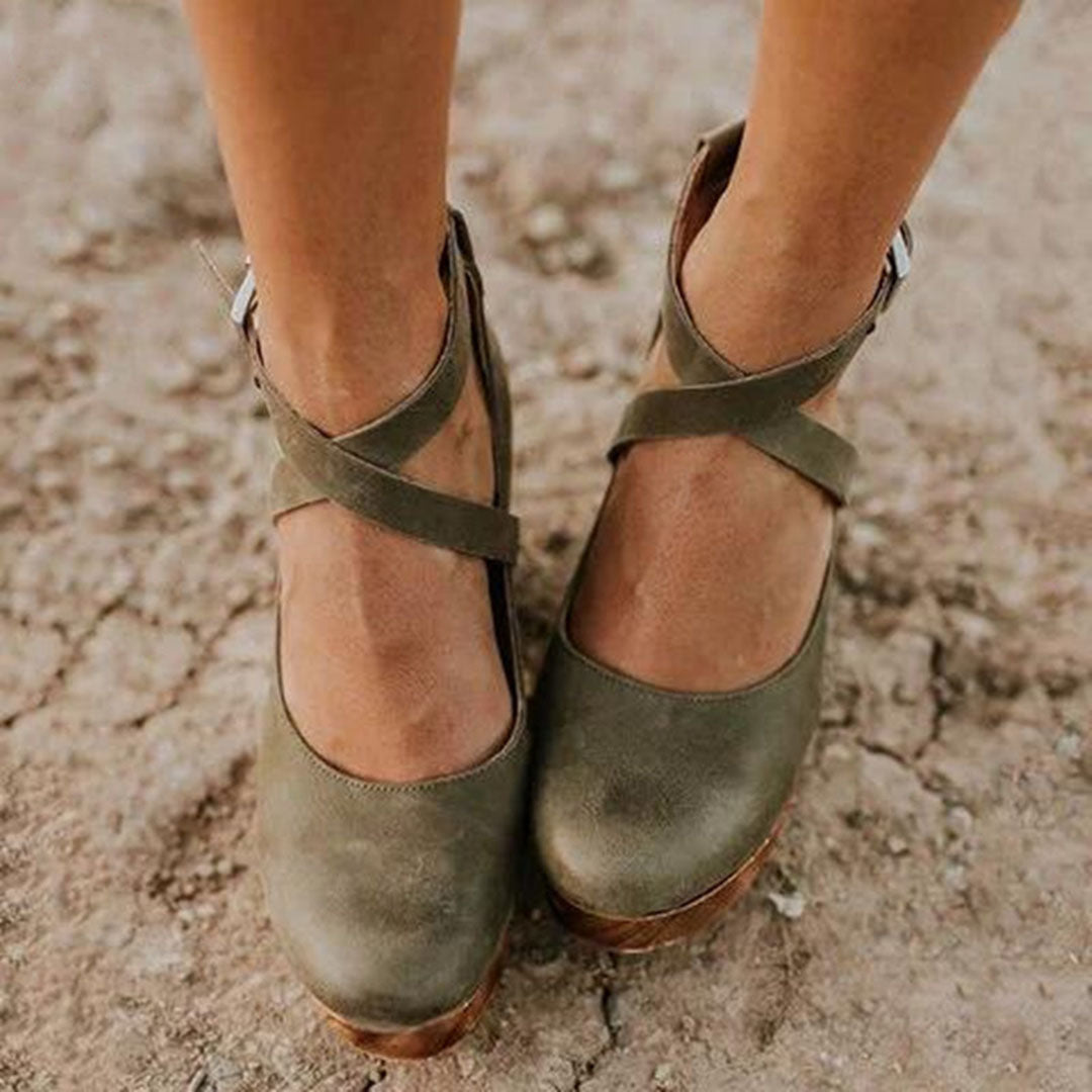 Closed-Toe Wooden Wedge Heels with Ankle Strap