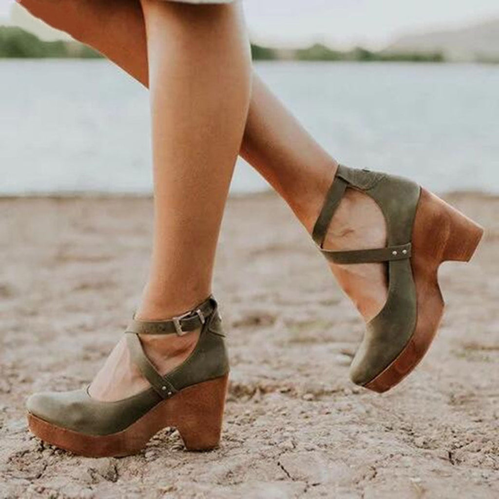 Closed-Toe Wooden Wedge Heels with Ankle Strap