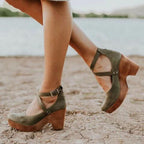 Closed-Toe Wooden Wedge Heels with Ankle Strap