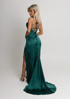 Satin Bodycon Gown with Lace-Up Back and Split