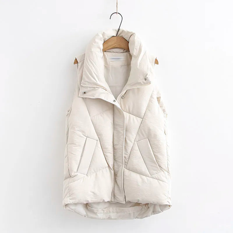 Women's Warm Quilted Puffer Gilet with High Stand Collar and Zip-Up Front