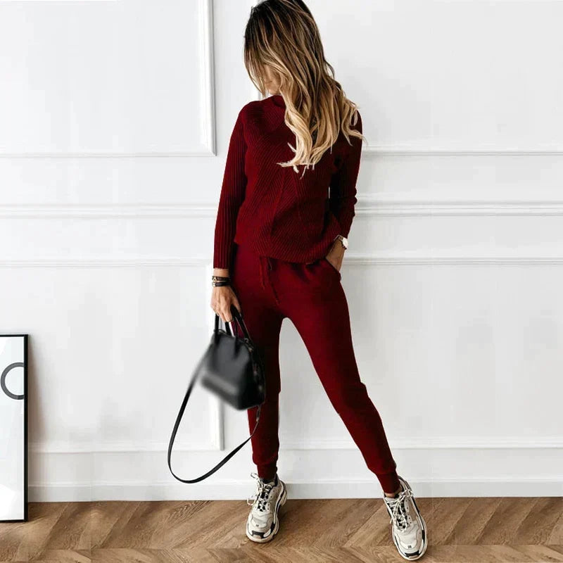 Women's Ribbed Turtleneck Knitted Two-Piece Set