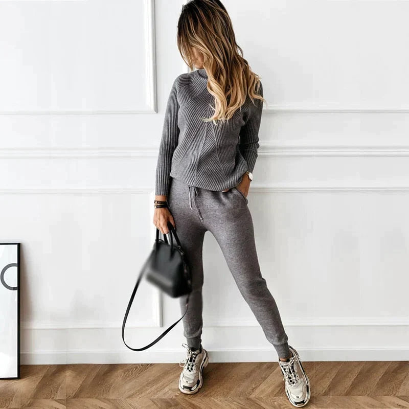 Women's Ribbed Turtleneck Knitted Two-Piece Set