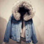 Women's Plush-Lined Denim Jacket with faux fur-Trimmed Hood and Chest