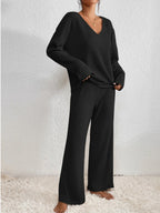 Ribbed Knit Two-Piece Set – V-Neck Top and Trousers