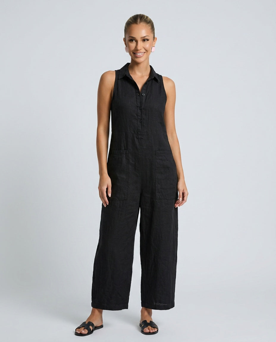 Linen-Blend Sleeveless Loose Jumpsuit