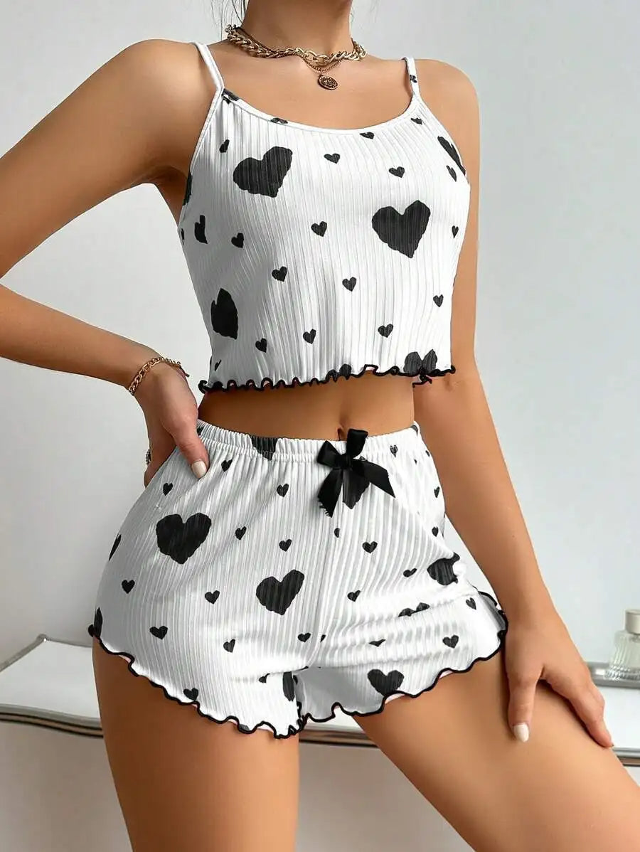 Women's Heart Print Ribbed Camisole and Shorts Set