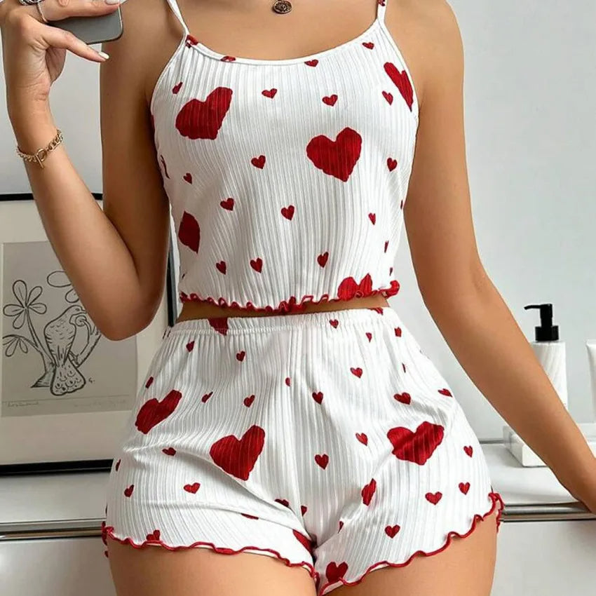 Women's Heart Print Ribbed Camisole and Shorts Set