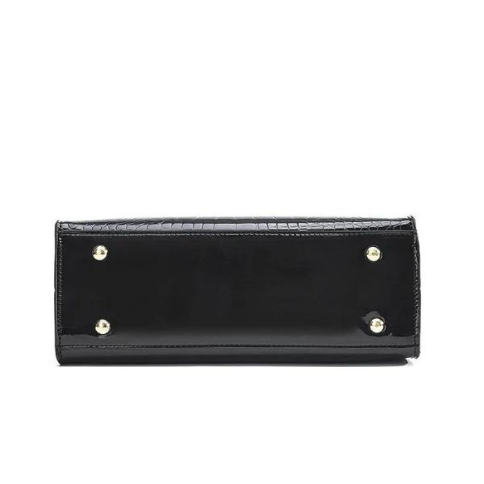 Women's Glossy Faux Leather Handbag with Twin Handles and Shoulder Strap
