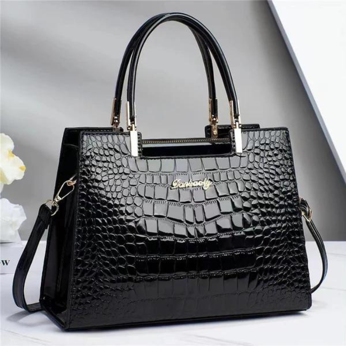 Women's Glossy Faux Leather Handbag with Twin Handles and Shoulder Strap