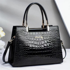 Women's Glossy Faux Leather Handbag with Twin Handles and Shoulder Strap