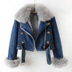 Women's Cropped Denim Biker Jacket with Plush Faux Fur Collar and Cuffs
